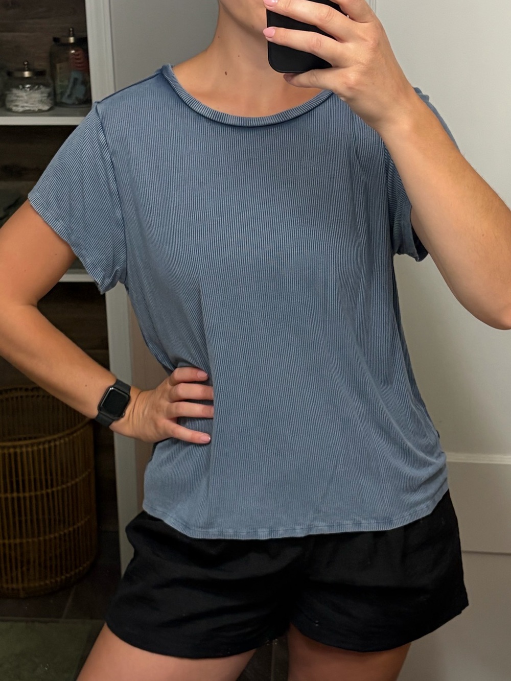American Eagle Outfitters Slate Blue Short-Sleeve Ribbed Tee